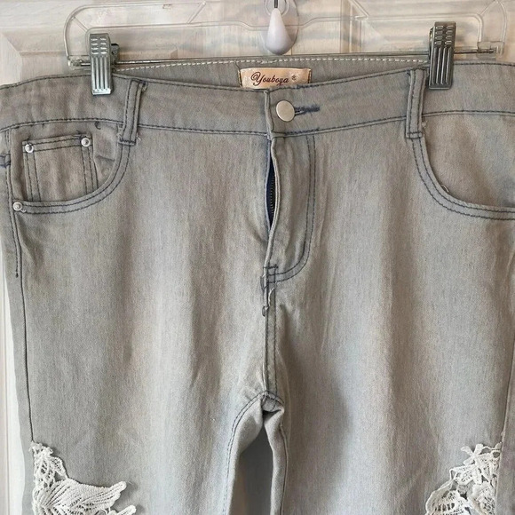 Youboya Y2K Women’s Mid Rise Jeans Size 34/M Light Wash Gray Lace Fairy Pockets - Picture 7 of 9